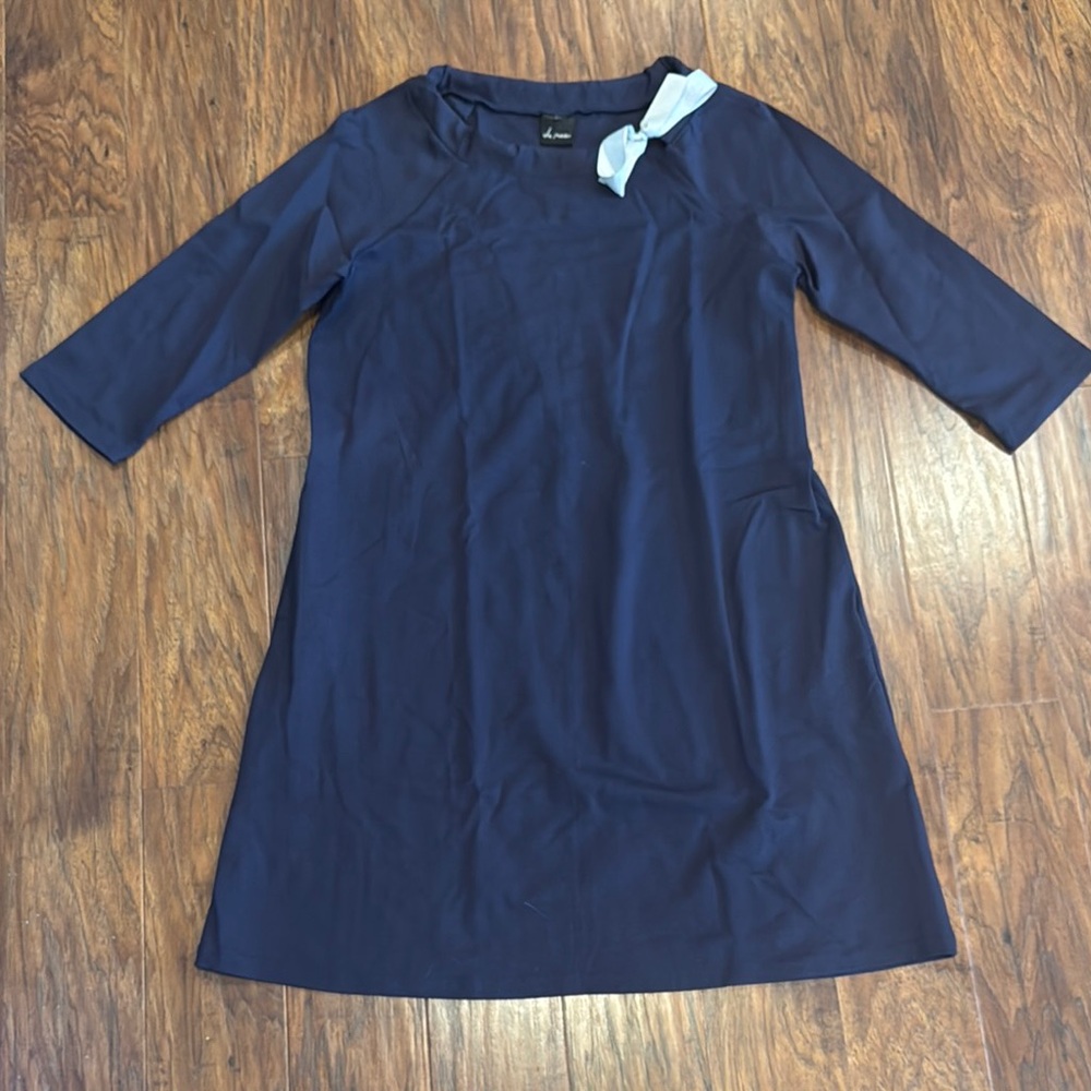 Ponte Navy Blue Dress with Bow Accent - L